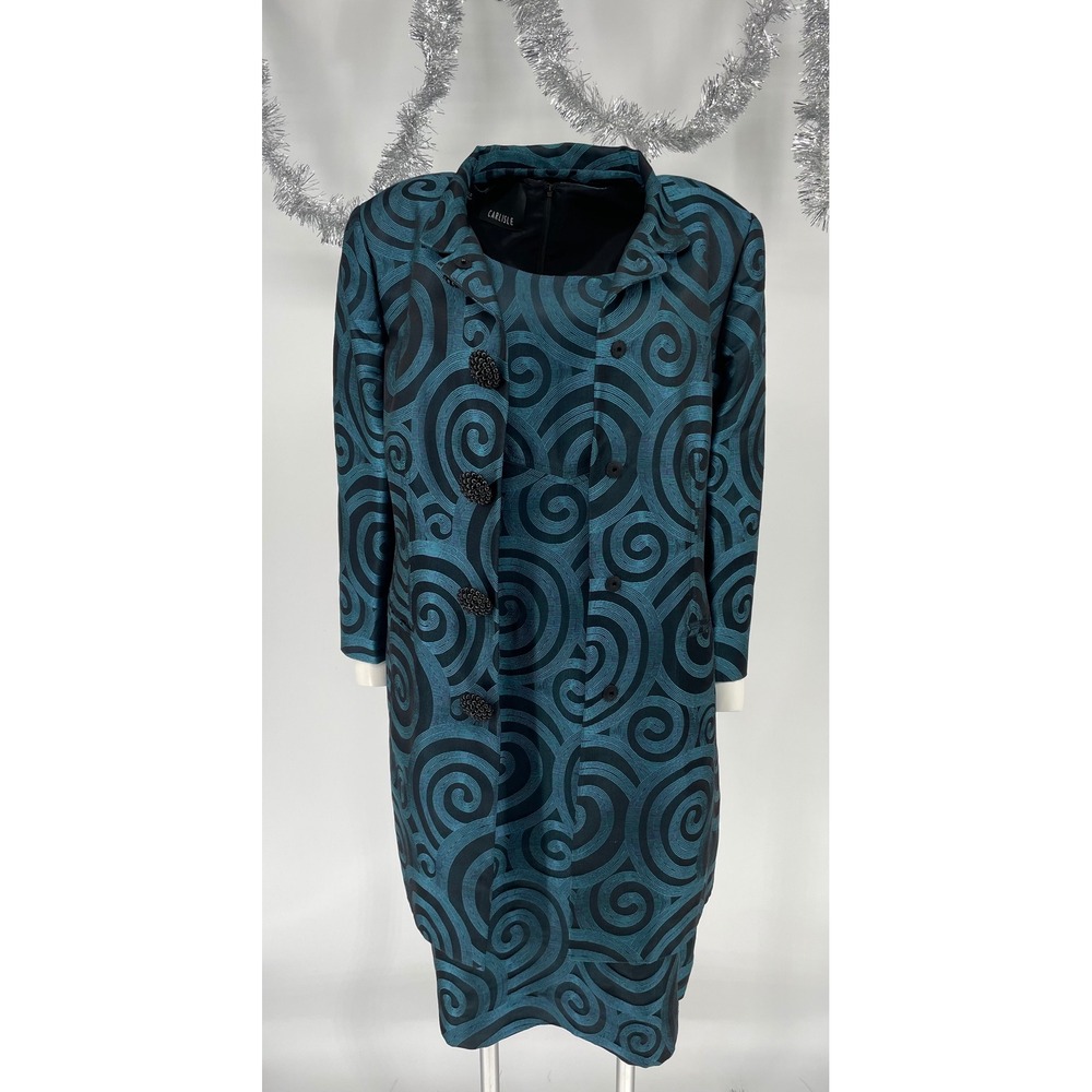 Carlisle 100% Silk Jacquard Dress Coat Set Teal Black Size 16 Swirl design